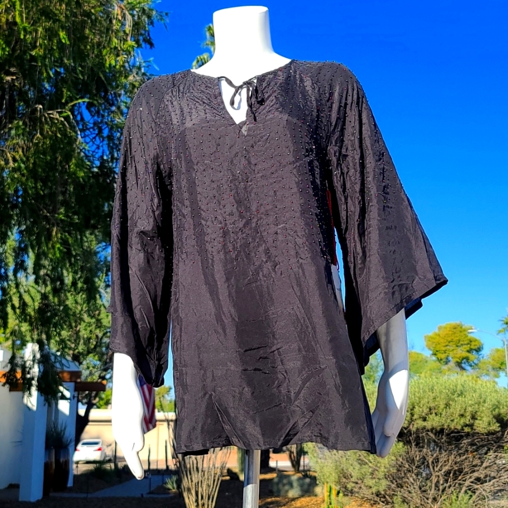 VTG Y2K Da-Nang Silk Kimono Blouse XS Black Beaded Boho Luxe Tunic Top Da Nang - Picture 12 of 13